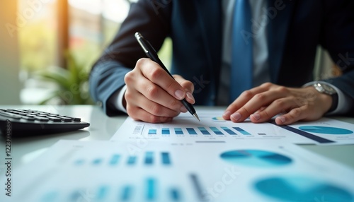 Businessman in suit analyzes financial documents. Reviews financial reports with bar, pie charts. Uses pen, calculator. Man manages financial records. Ensures financial compliance. Works in office