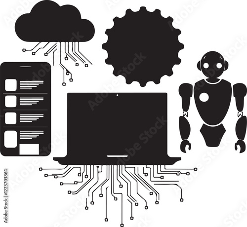 Technology and AI Silhouettes: Cloud, Laptop, Robot, Mobile App, and Circuit Design