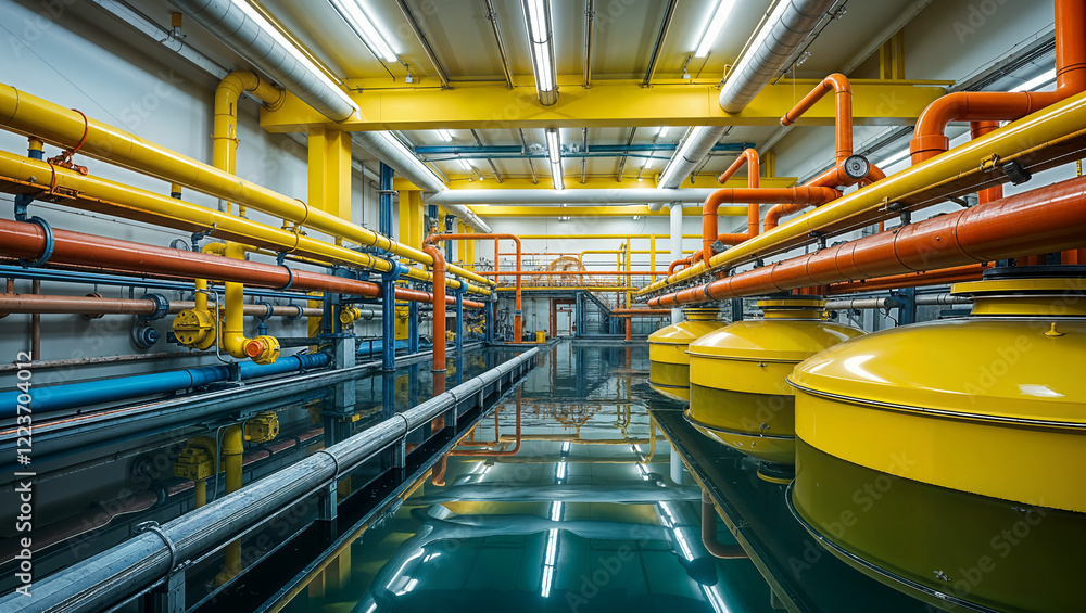 Fototapeta premium Industrial facility with vibrant pipes and large yellow tanks in a modern processing area