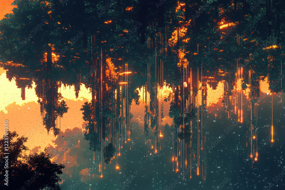 Obraz premium A surreal landscape where trees appear to be suspended in the air, glowing warmly at dusk.