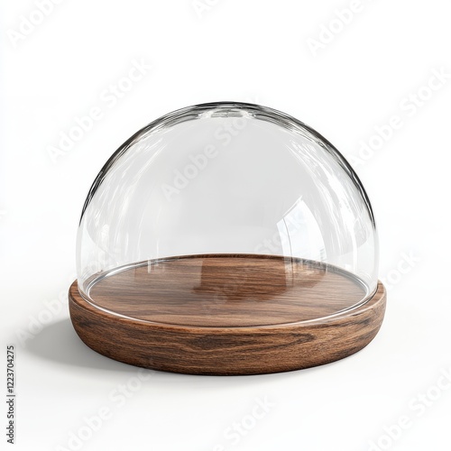 A 3D rendering shows a glass bell isolated on a white background, featuring a glass dome placed on a wooden tray. photo