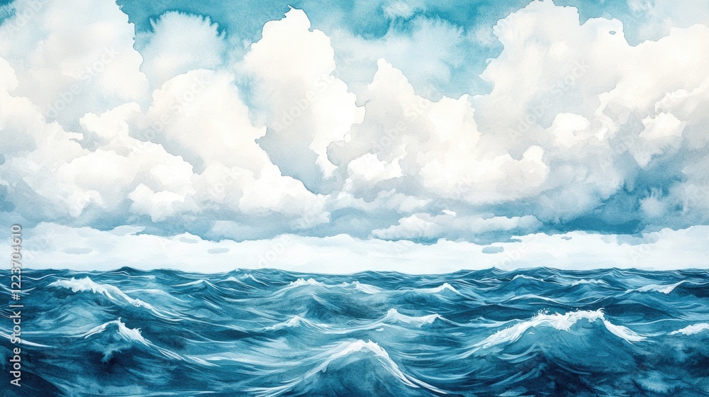 A painting of a large body of water with a few clouds in the sky. The mood of the painting is calm and peaceful A painting of a large body of water with a few clouds in the sky. The mood of the painting is calm and peaceful