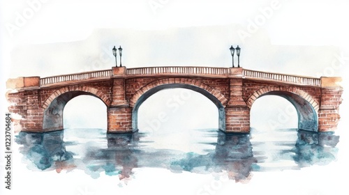Watercolor Painting of a Majestic Brick Arch Bridge over a Calm River