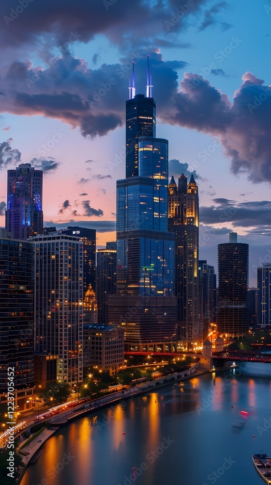 Obraz premium Glowing Cityscape at Twilight Global Architecture Variations