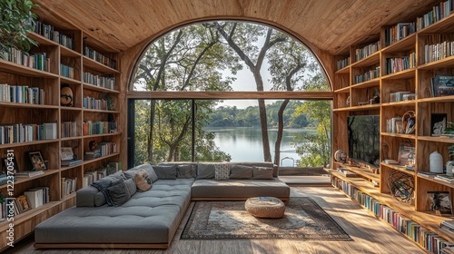A cozy retirement home office blends seamlessly into a study environment, enhanced by a window that frames trees and a serene lake view. Bookshelves line the walls, making it suitable as a background