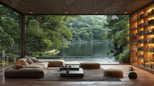 Online presentation teams meeting room background featuring a scenic bookshelf backdrop in an interior retirement home office library study, showcasing window views of trees and a water lake