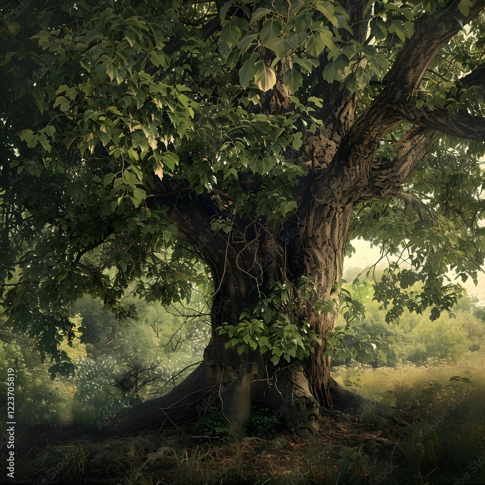 Fototapeta premium Majestic Ancient Tree in Lush Tranquil Forest Landscape