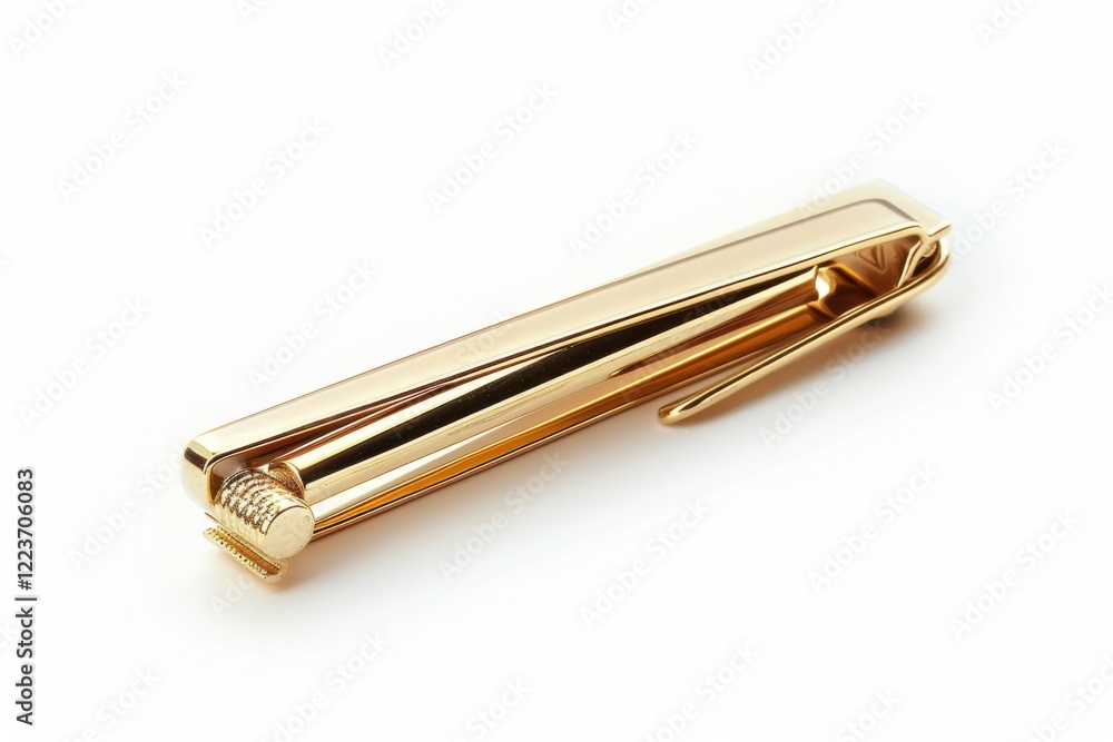 A sleek golden tie clip resting on a clean, white surface, reflecting light elegantly in a minimalist setting isolated on transparent background A sleek golden tie clip resting on a clean, white surface, reflecting light elegantly in a minimalist setting isolated on transparent background