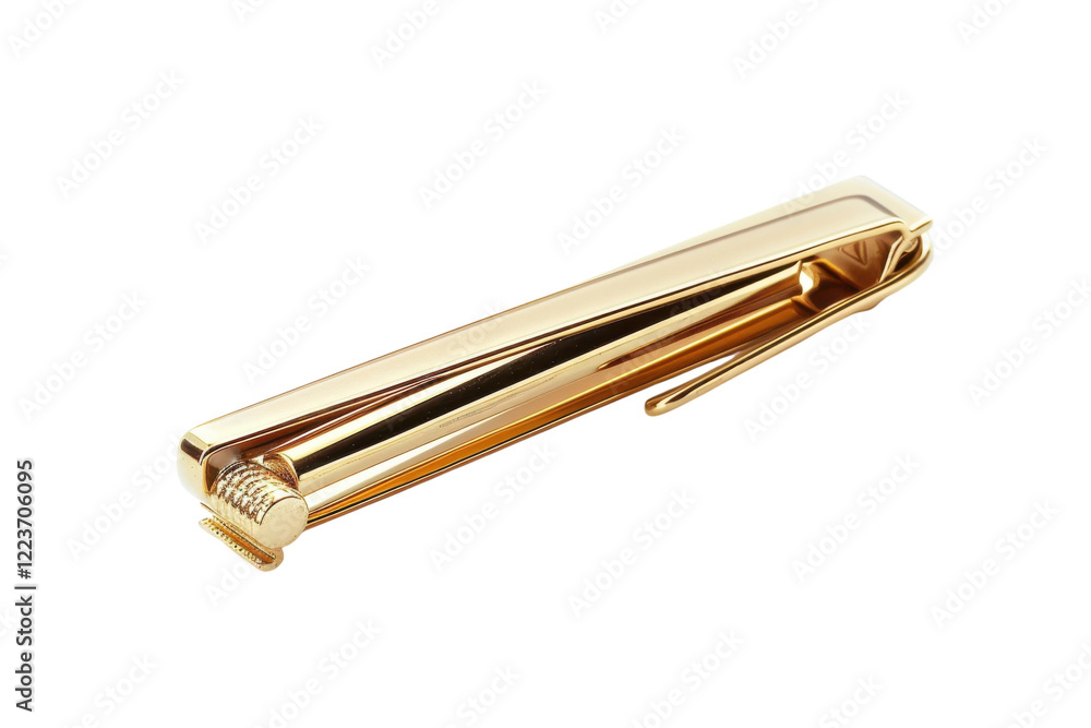 A sleek golden tie clip resting on a clean, white surface, reflecting light elegantly in a minimalist setting isolated on transparent background A sleek golden tie clip resting on a clean, white surface, reflecting light elegantly in a minimalist setting isolated on transparent background