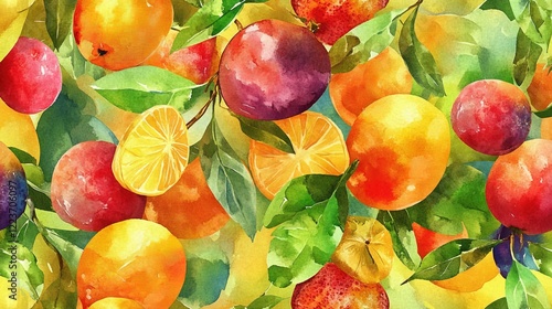 A beautifully painted watercolor design featuring a variety of citrus fruits enveloped by lush green leaves, creating a serene and refreshing visual effect.