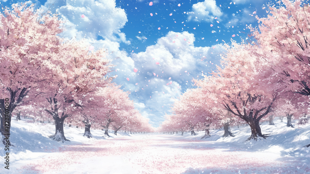 雪景色に咲く桜並木と青空 雪景色に咲く桜並木と青空