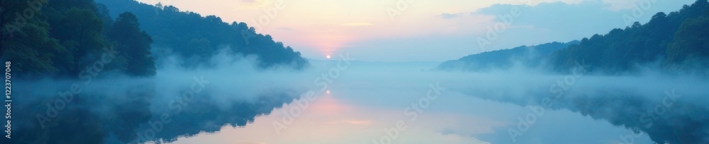 Fototapeta premium Silvery-blue vapors dance above a serene lake at dawn, water, morning, dewy
