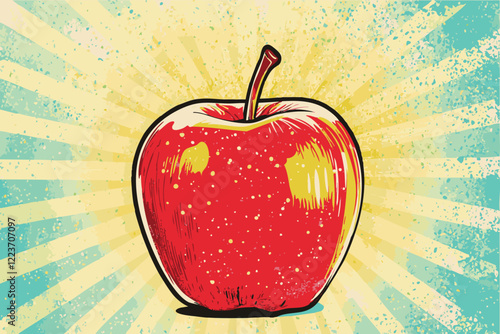 Red Apple pop art style on star burst comic background
