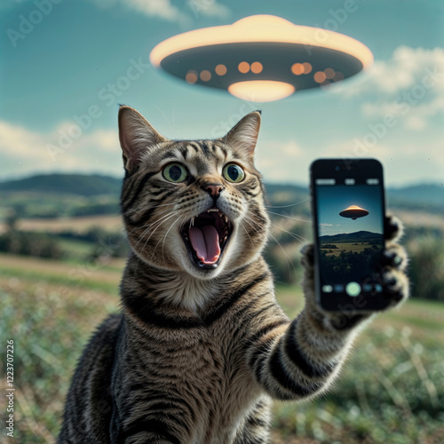 surreal image of a cat with amazed expression taking a selfie in front of a large illuminated ufo floating in the air