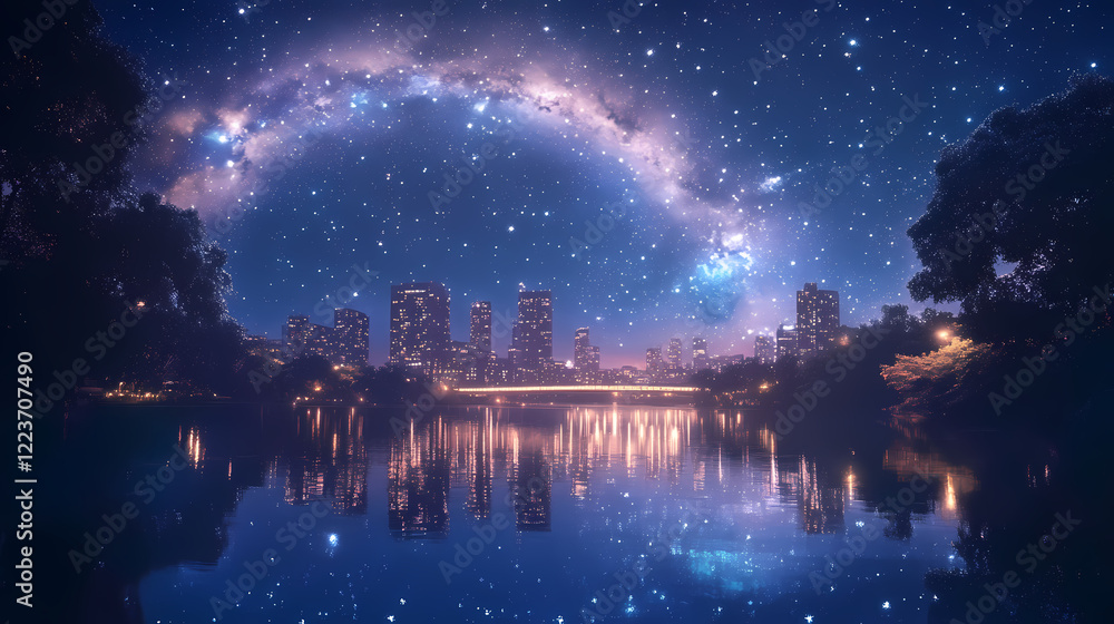 Obraz premium Breathtaking milky way arch over a tranquil cityscape with reflections on a calm river for night sky enthusiasts and cosmic-themed designs. Starlit Arch. Illustration