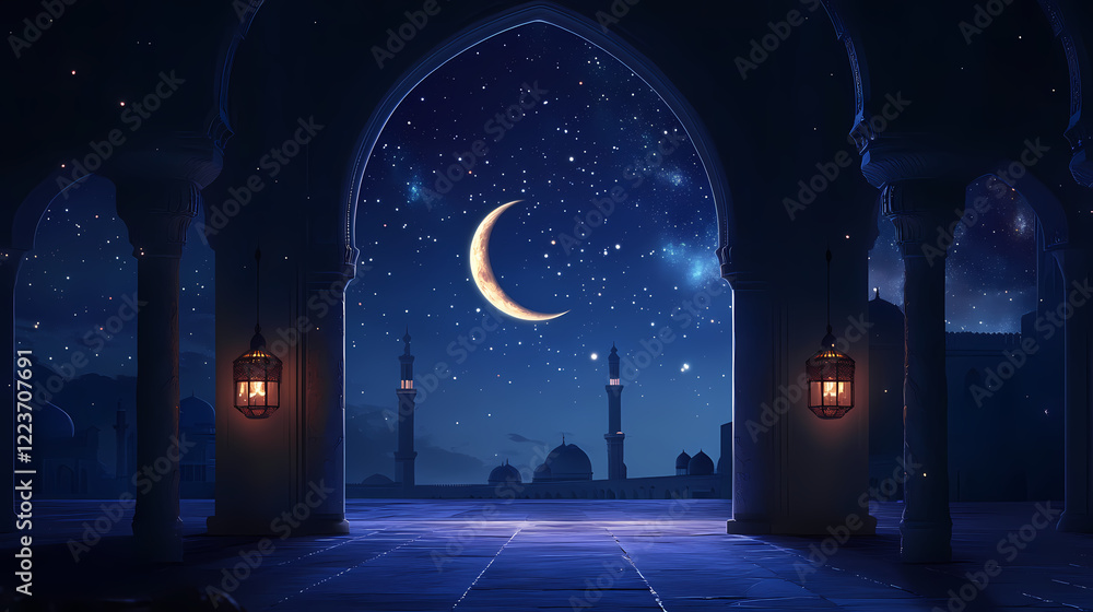 Naklejka premium Crescent moon night, islamic architecture, starlit sky, ramadan celebration. Starlit Arch. Illustration