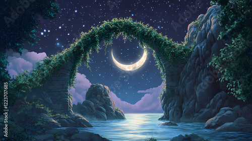 Crescent moon arching over a lush green vine bridge connecting two rocky islets on a tranquil, starlit night. Starlit Arch. Illustration photo