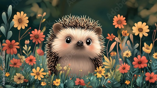 Illustration a shy hedgehog uncurling in a patch garden, nose poking out tentatively