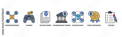 IGO banner web icon vector illustration concept of initial game offering with icon of crowdfunding, gamefi, white paper, governance token, blockchain, pool rewards and listing	