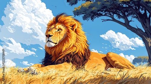 Illustration a regal lion resting under the shade a tree on the savannah, mane ruffled by the breeze
