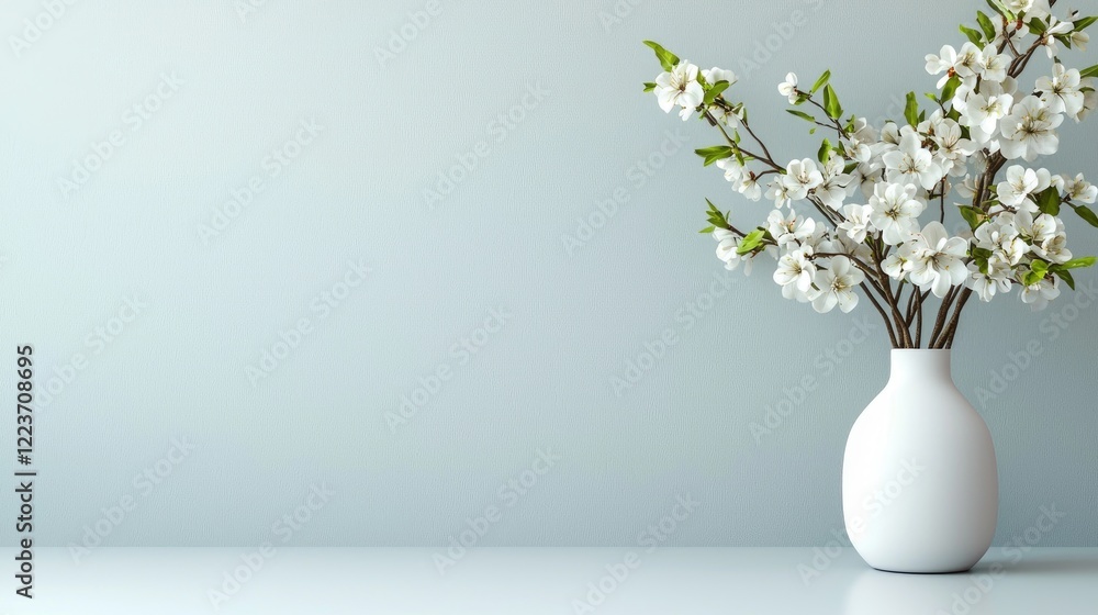 White blossoms in vase against pale wall; spring home decor White blossoms in vase against pale wall; spring home decor