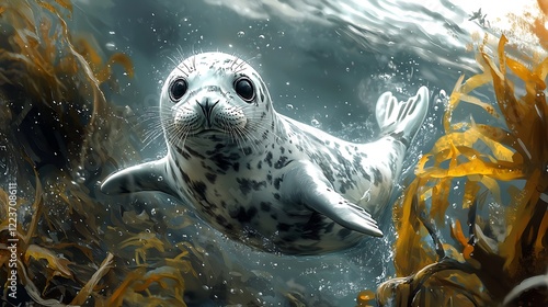 Illustration a playful seal pup nosing around a kelp forest, its movements curious and spry