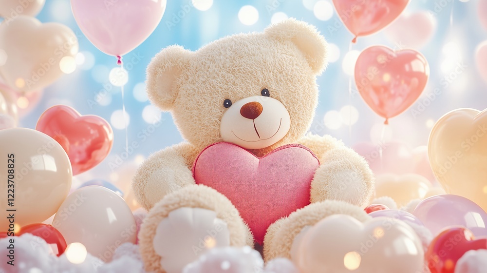 A light beige teddy bear is sitting on the bed with a heart. The bed is decorated with pink and white balloons. The concept of warmth, care and love A light beige teddy bear is sitting on the bed with a heart. The bed is decorated with pink and white balloons. The concept of warmth, care and love