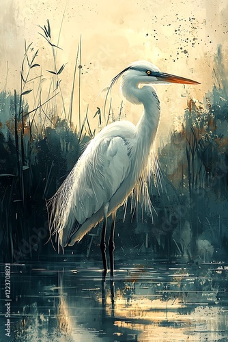 Illustration a patient heron fishing at the water's edge, completely still but for the occasional blink