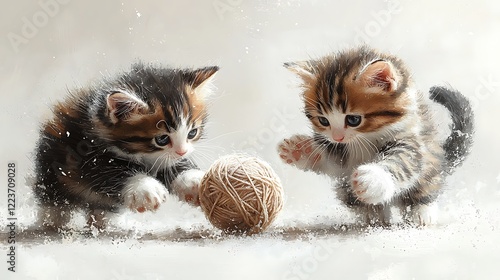 Illustration a pair playful kittens tumbling over a ball yarn, their movements a blur fur