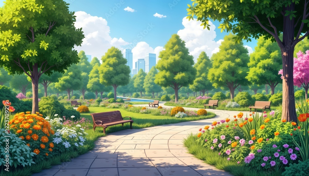 Obraz premium Eco friendly park with native plants and sustainable landscaping. Cityscape background. Paths wind through flowerbeds and grassy areas. Benches for relaxing. Beautiful and peaceful scene.