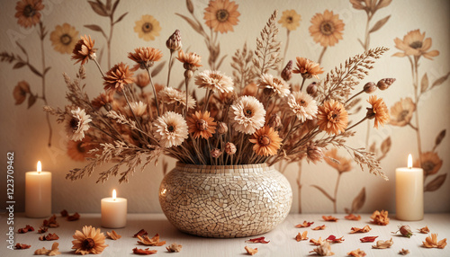 Dried Flowers and Wheat Stalks on a Textured Background photo