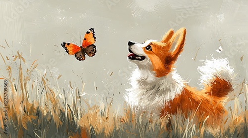 Illustration a lively corgi frolicking in a meadow, its ears flopping as it chases a butterfly