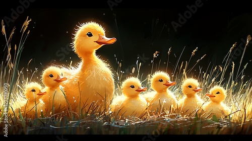 Illustration a group young ducklings following their mother through tall grass, peeping quietly
