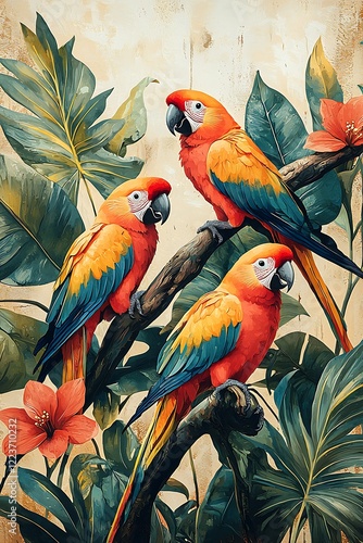 Illustration a group colorful parrots perched on a tropical branch, chattering away