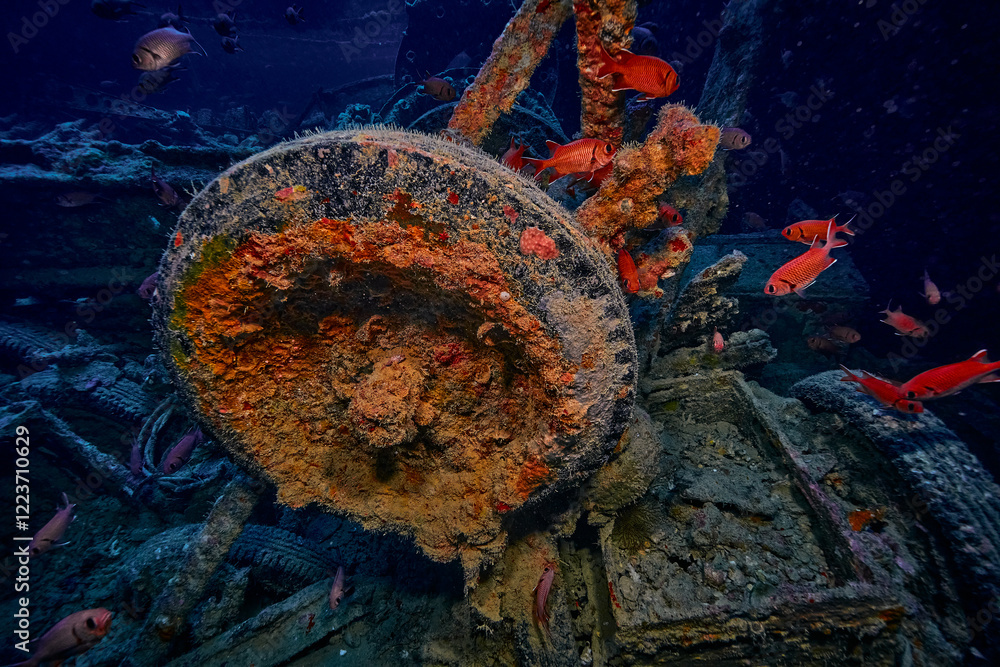 WWII truck inside the ship wreck of SS Thistlegorm - British cargo steamship sunk by German bomber aircraft in the Red Sea in 1941 near Sharm El Sheikh, Egypt. Underwater photography and travel