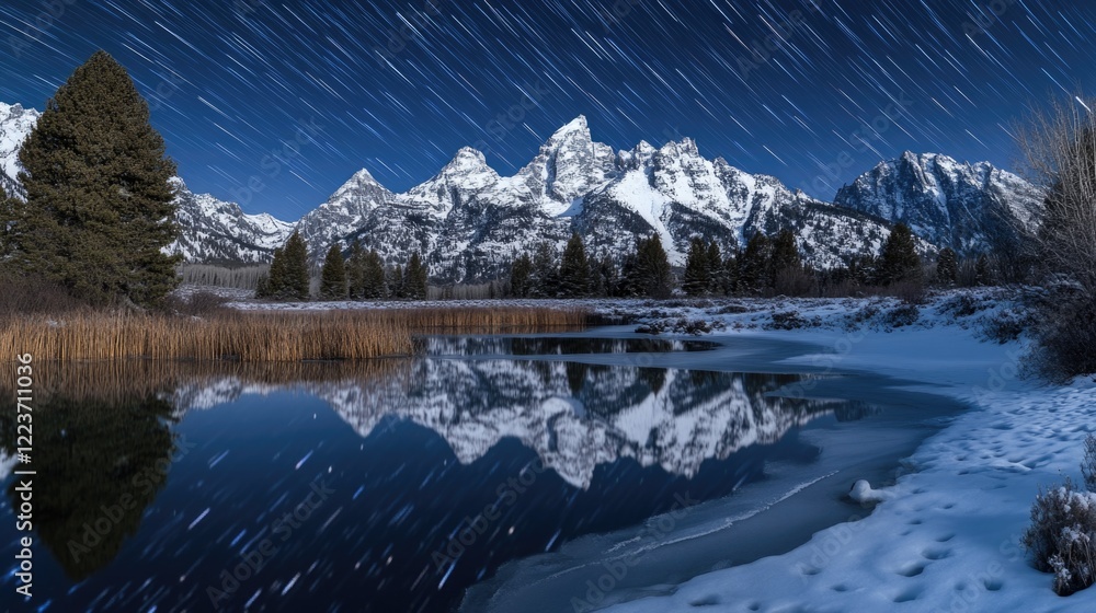Obraz premium A beautiful night sky with stars and mountains in the background. The stars are shining brightly and reflecting on the water. The scene is peaceful and serene