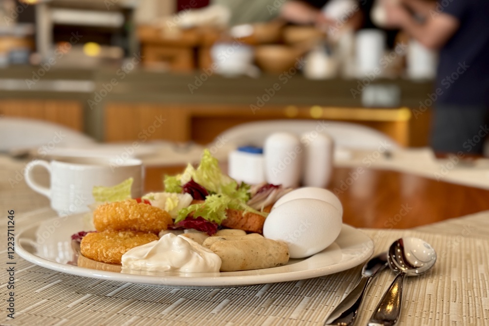 A neatly arranged breakfast with eggs, sausages, vegetables, and coffee at the restaurant. Close-up A neatly arranged breakfast with eggs, sausages, vegetables, and coffee at the restaurant. Close-up