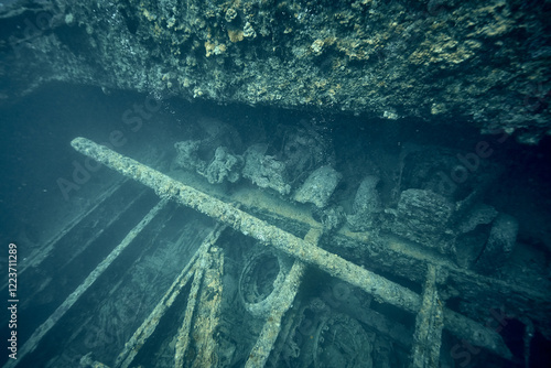 WWII truck inside the ship wreck of SS Thistlegorm - British cargo steamship sunk by German bomber aircraft in the Red Sea in 1941 near Sharm El Sheikh, Egypt. Underwater photography and travel