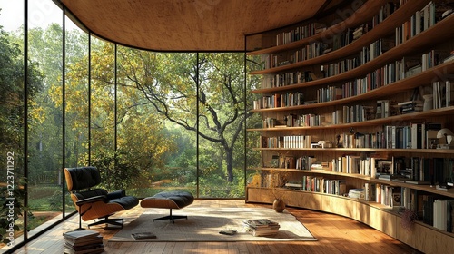 A scenic bookshelf background with a cozy home office atmosphere featuring a library-like study area. The room offers a view through a window showing trees and hills, set against a rustic wood