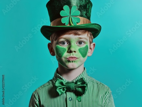 A young boy wearing a green hat and green face paint with a green shamrock on his hat photo