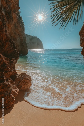 The view at dawn showcases an unpopulated beach with its rugged sandstone rock formations, depicting a serene natural beauty at Praia da Marinha, a celebrated beach located on the Algarve coast in photo