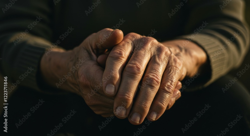 Fototapeta premium A close-up of aged hands folded together, conveying a lifetime of wisdom and dignity through their intricate details. 