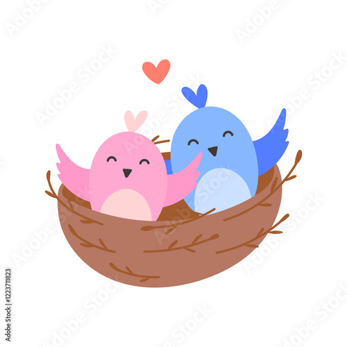 Cute Birds in a nest with heart vector illustration. Bird family, love, spring in flat style
