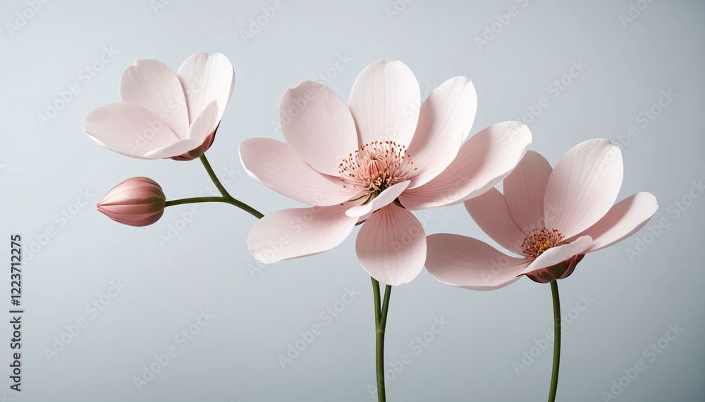 A close-up of rose flowers with delicate petals, intricate red stamens, and green leaves against a soft gray background. A single unopened bud adds to the composition. A close-up of rose flowers with delicate petals, intricate red stamens, and green leaves against a soft gray background. A single unopened bud adds to the composition.