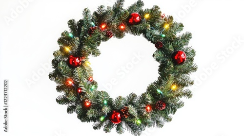 Wallpaper Mural A wreath with red and green lights and red balls. The wreath is on a white background Torontodigital.ca