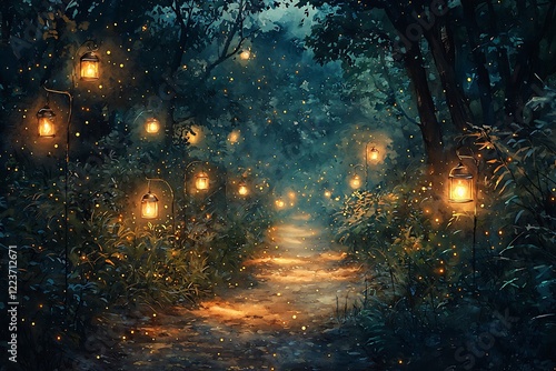 Artistic watercolor a cluster fireflies lighting up a dark forest path, tiny lanterns floating in the night