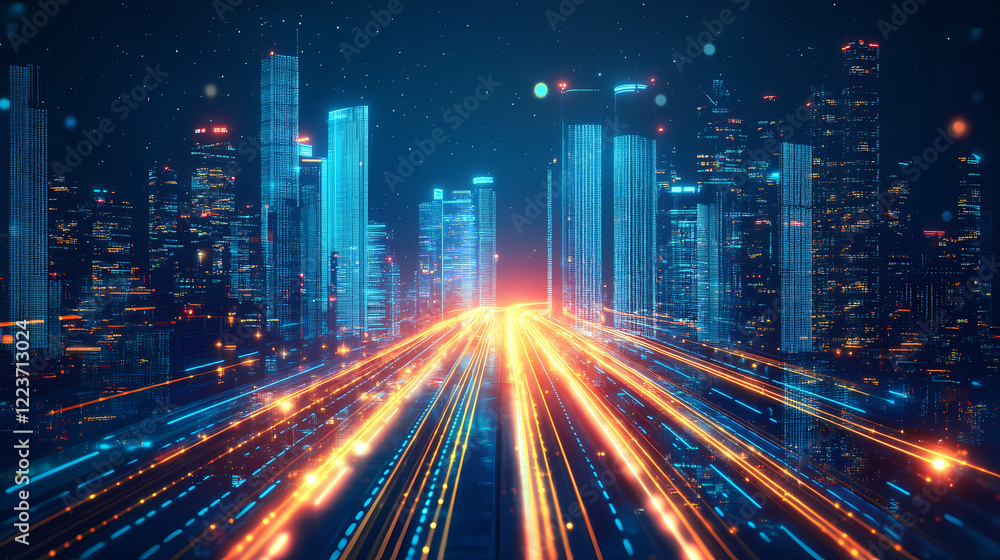Fototapeta premium Futuristic cityscape: neon lights and glowing road. Stellar Path. Illustration