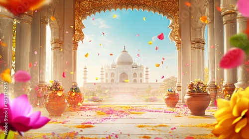 Indian Frame with Holi Colors, gold Patterns, Pots and Lotus Flowers in Hindu Temple with Domes. Copy space. Generative AI