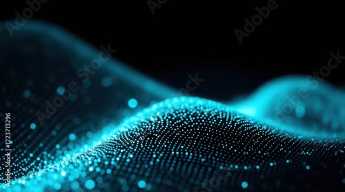 futuristic landscape of flowing glowing blue particle waves 