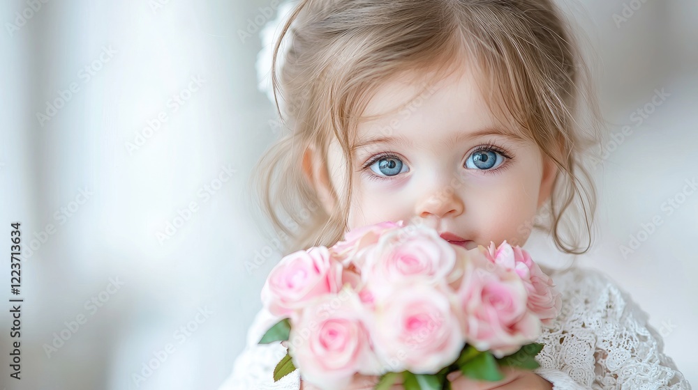 Toddler girl holding pink roses, indoors, bright background, for greeting cards Toddler girl holding pink roses, indoors, bright background, for greeting cards